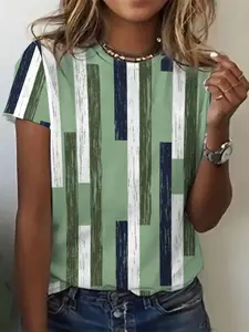 Women's Summer Stripe Printed Round Neck Casual Short Sleeve T-shirt Pattern T-shirt Women's Top