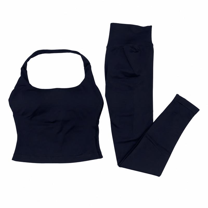 Dfyne Women's 2-Piece Seamless Halter Yoga Set - Fitted High Neck Crop Tank, High Waist Leggings, Breathable Quick-Dry Fabric, Outdoor Workout Gear, Hang Dry Compatible for Yoga and Running