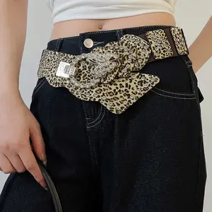 Leopard Print Wide Waist Belt for Women, Elasticated Band with Sparkly Rhinestone Heart Buckle, Vintage Punk Studded Statement Belt, Perfect for Dress Jeans Coat, Cute Unique Clubwear Accessory, Birthday Gift for Her