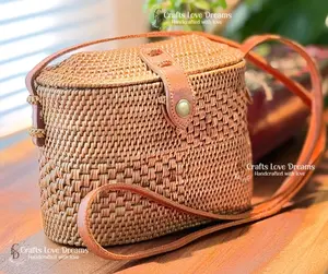 Crafts Love Dreams Rattan Crossbody Clutch Handwoven Mini Picnic-Top Bag Authentic Imported Indonesian Rattan Purse with Strap