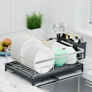 Dish Drying Rack --Saving Dish Rack for Counter with Removeable Cutlery Holder,Rustproof & Sturdy Auto-Drain Organizer for,Cups,Knife,