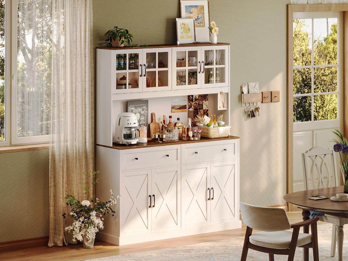 【2 Packages Shipping】PRAISUN 71''H x 55.1''W Pantry Cabinet with Charging Station, 4 Wide Cabinets Kitchen Pantry with 2 Drawers, Farmhouse Hutch Storage Cabinet, Tall Coffee Bar, Acrylic Door, Adjustable Shelves