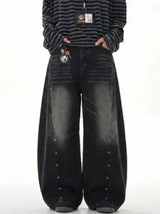 Black curved-blade wide-leg jeans, featuring a patchwork design with metal ring decorations, vintage distressed washing technique, high-street deconstructivist design, American trendy street casual denim pants, Metallic