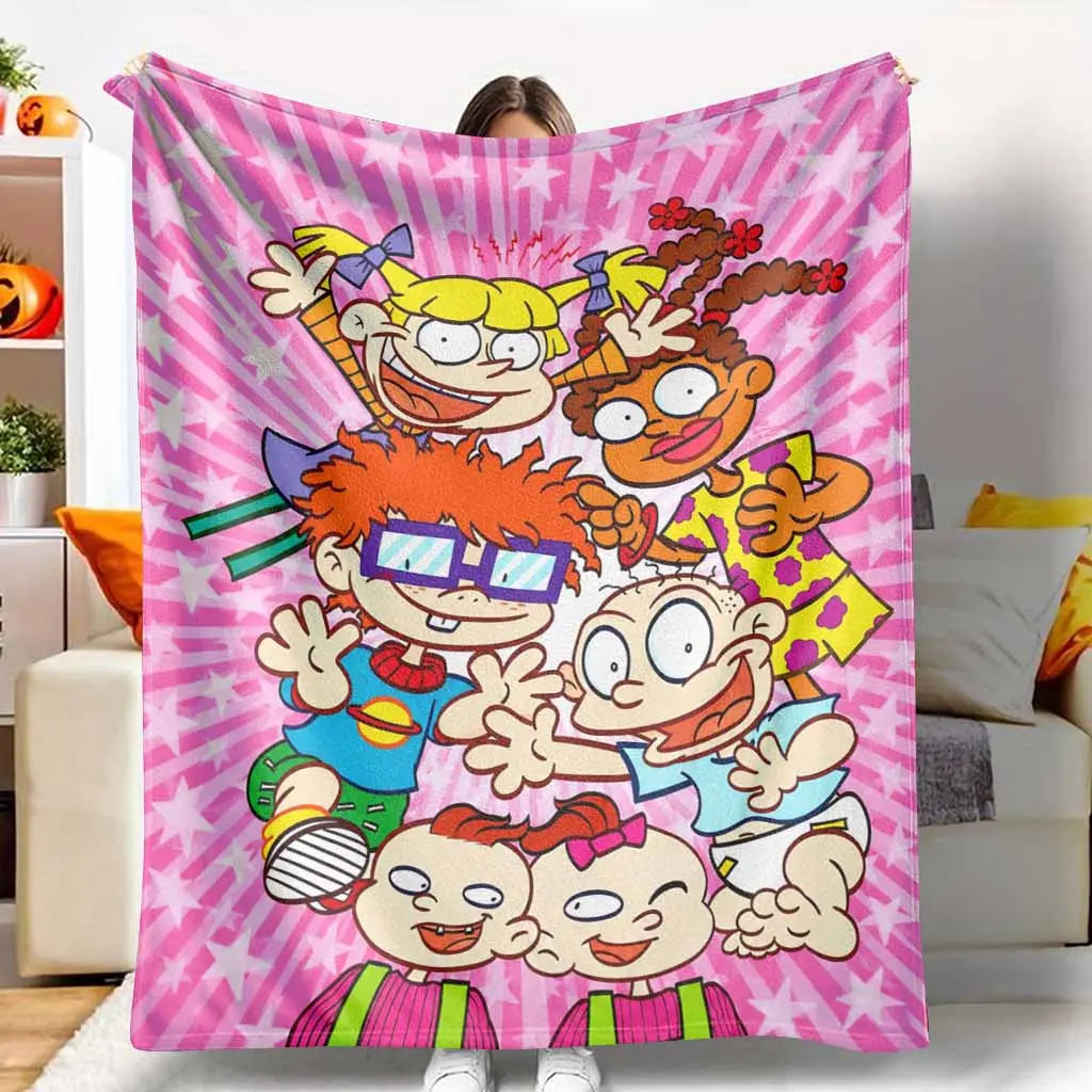 Pink Retro Cartoon Flannel Blanket Starburst Character Print Soft Cozy Lightweight Warm Plush Throw for Sofa Bed Travel Movie Night Birthday Gift Home Decor