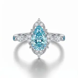 ZR "Frosted Azure" Custom 4.5ct Blue Ice-Flower Cut Pear-Shaped Moissanite (7.5*12mm) Halo Ring Full-Moissanite Pave S925 Sterling Silver Luxury Statement Ring -【Bear】#4872