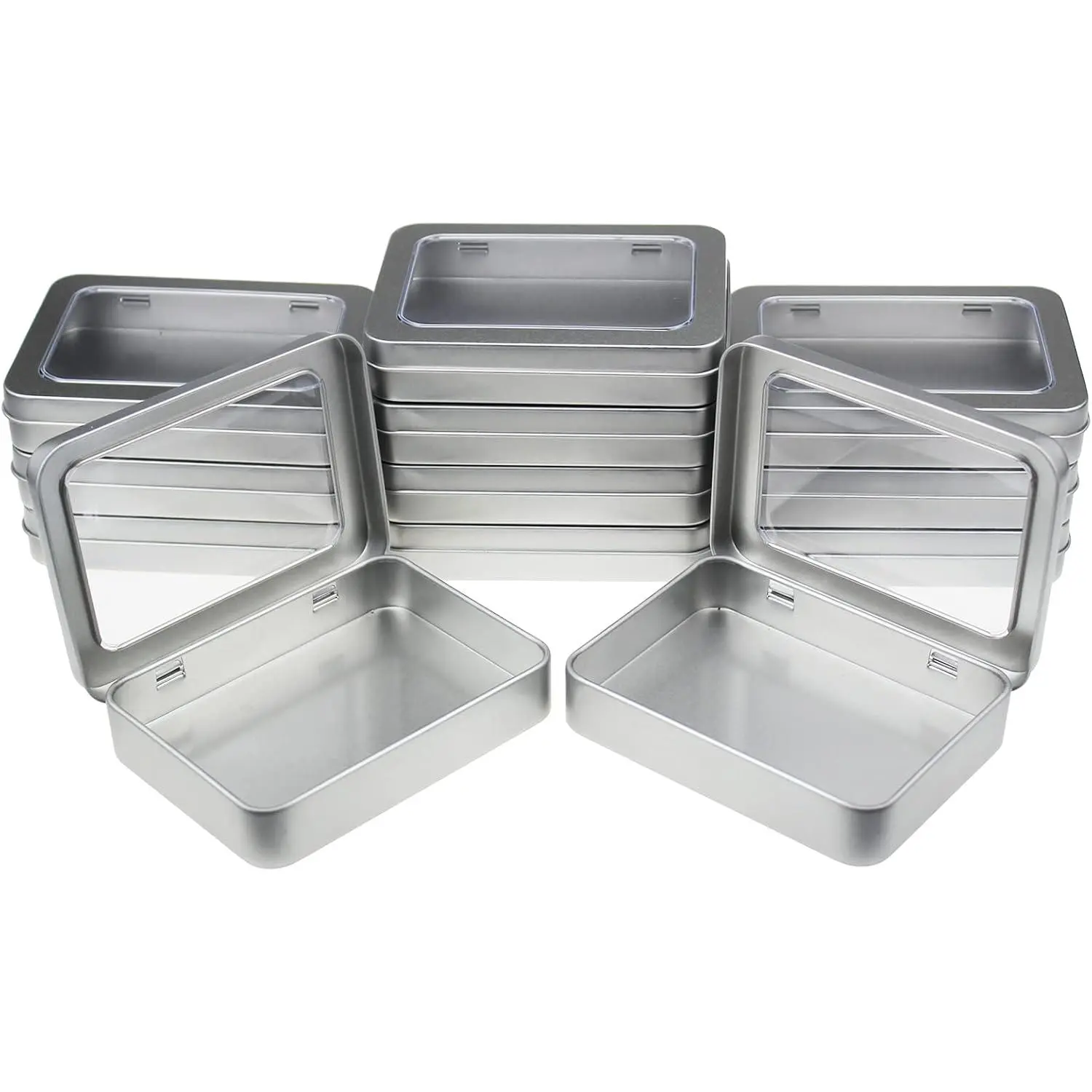 12 Pack Empty Rectangular Metal Storage Organizer Tins with Clear Window Hinged Lids for Small Items and Other Craft Projects, 4.5 x 3.3 x 0.9 inch ()