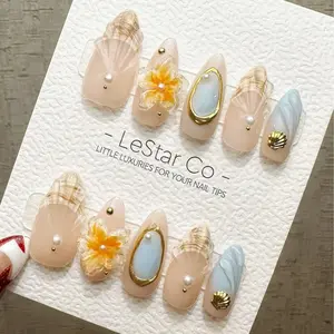 COASTAL CHIC | LeStar Co 3D Seashell Press On Nails | Mermaidcore Gold Chrome Flower Fake Nails | Elegant Summer Beach Aesthetic | Reusable Almond Set 2026