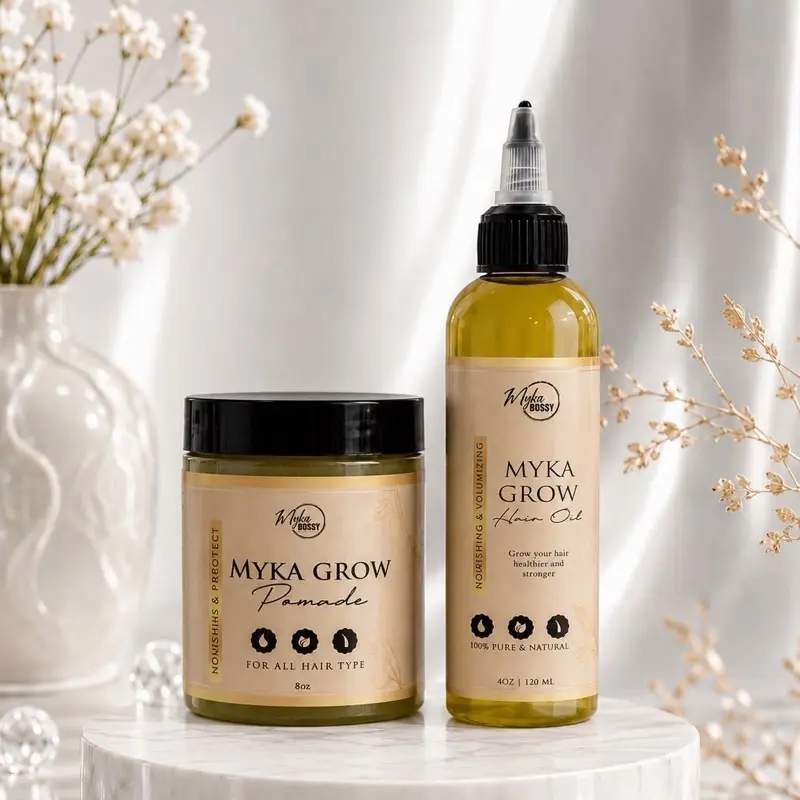 Myka Grow Daily Care Haircare Kit - 4 oz Natural Coconut Pomegranate Oil & Pomade 8 oz Styling Pomade for Healthy Hair, Slick Back Hairstyles, Curl Routine (Any Hair Type), Natural Curls, Hair Care Pack, Glossy Hair