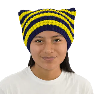 Navy and Yellow Striped Cat Beanie - Soft Knit Design, Ideal for Cold Weather, Versatile for Various Outfits