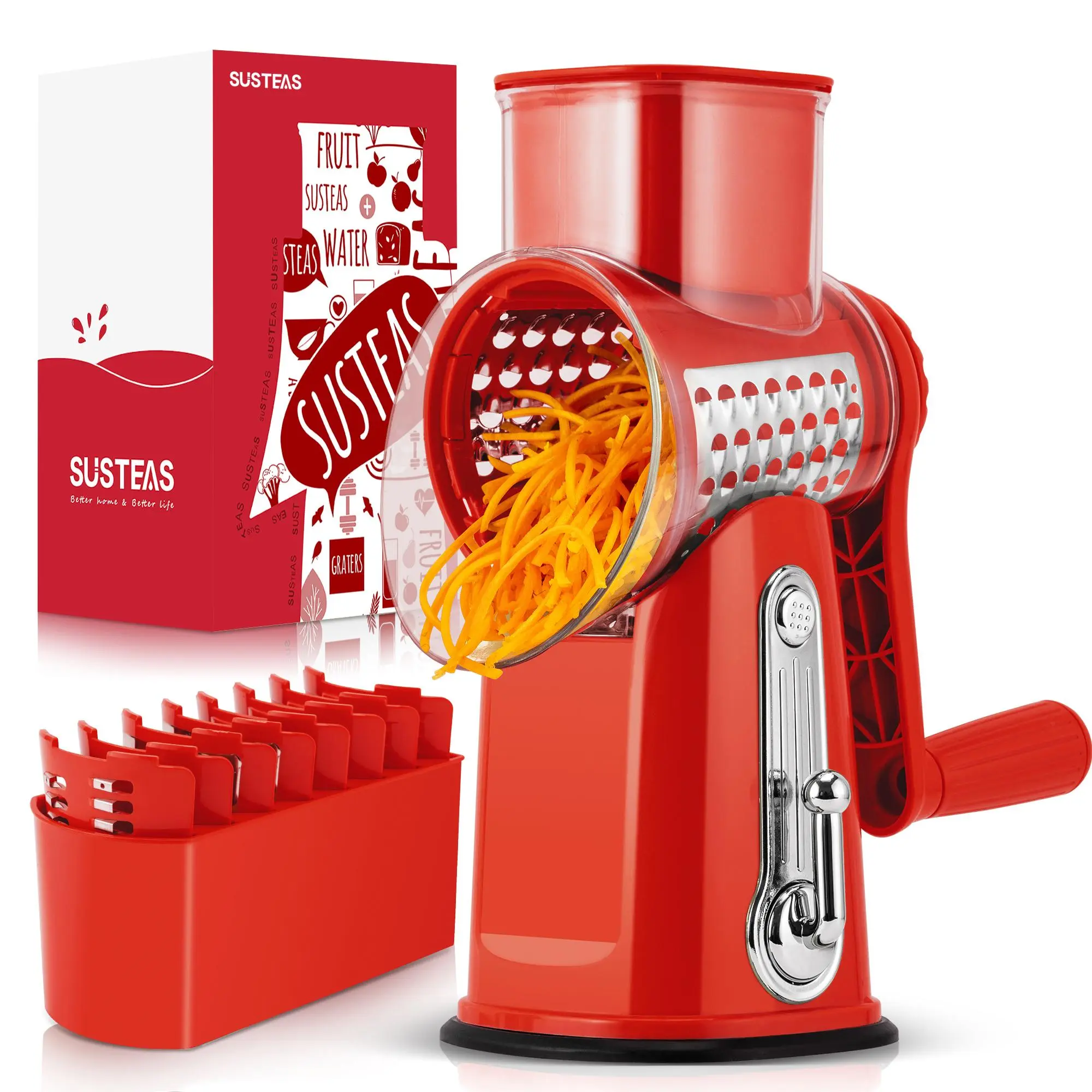 SUSTEAS Stainless Steel Multi-Blade Rotary Grater - 5 Blades, Compact, Fingersafe, Non-Slip Base, Storage Box, Safe Material, Dishwasher Safe Kitchen Utensil for Cheese Shredding, Vegetable Cutting, Wavy Slices