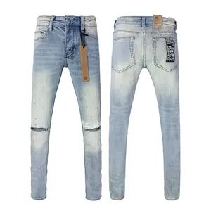 Top Quality KSUBI Cross Jeans Men High Street Retro wash Light blue Hole Trend Low Rise Stretch Skinny Pants Ripped FrayedJeans