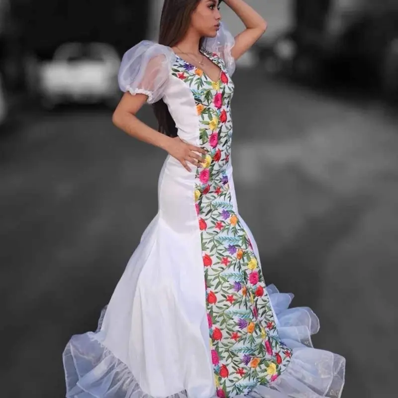 green emerald velvet dress Vestido Aurora Embroidered Formal Mexican Dress – Fiesta Latina Artisanal  Boutique main image 0
