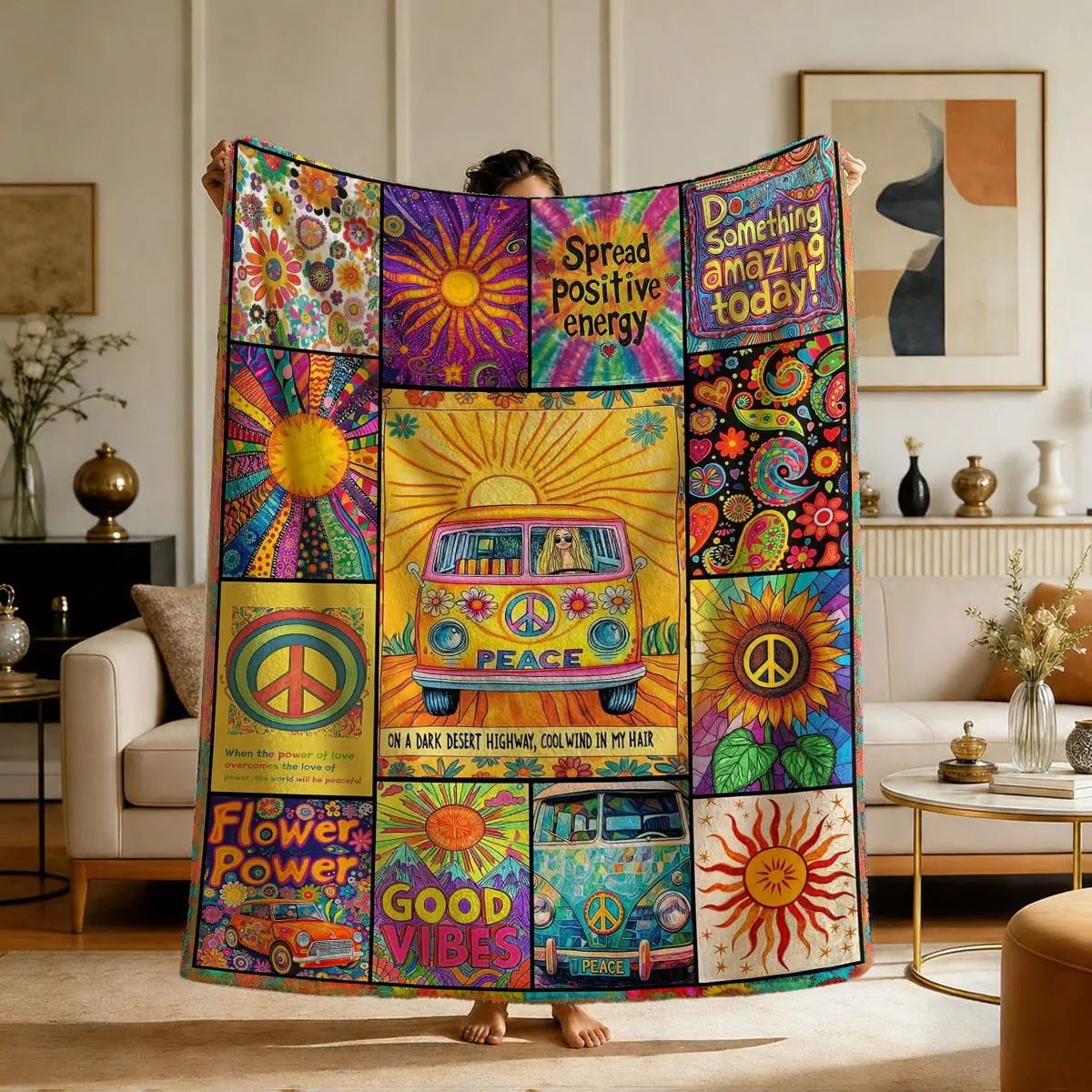 Comfortable Hippie Peace Bus Print Flannel Soft Throw Blanket, Soft Warm Anti-Pilling, Ideal for Nap, Camping, Travel, All Seasons Gift, Blanket Gifts, Printed Flannel Blanket