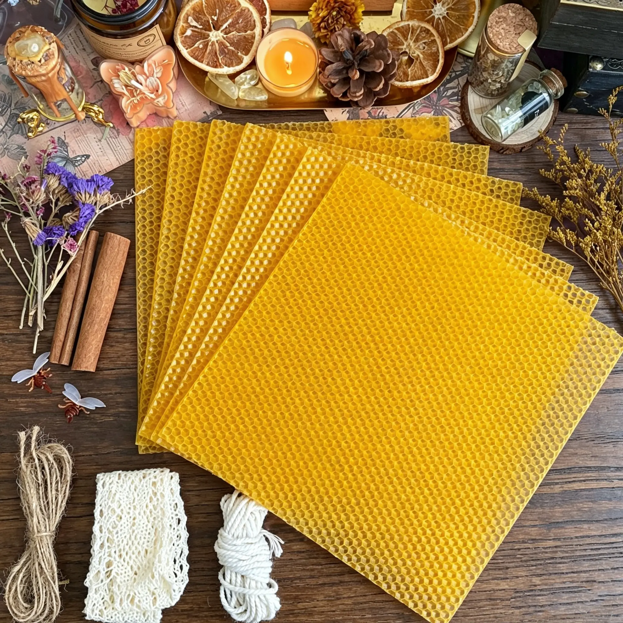 10pcs yellow beeswax honeycomb sheets candle making kit 20x20cm with cotton wicks dried flower accessories diy craft ambient lighting home decor souvenir gift for halloween christmas thanksgiving valentine Unscented