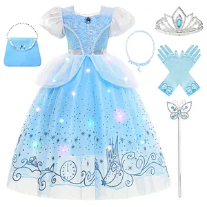 Light Up Princess Dress for Girls 3-9Y with Accessories Crown Necklace Magic Wand Bag Gloves LED String Lights for Cinderella Themed Parties & Halloween Costumes