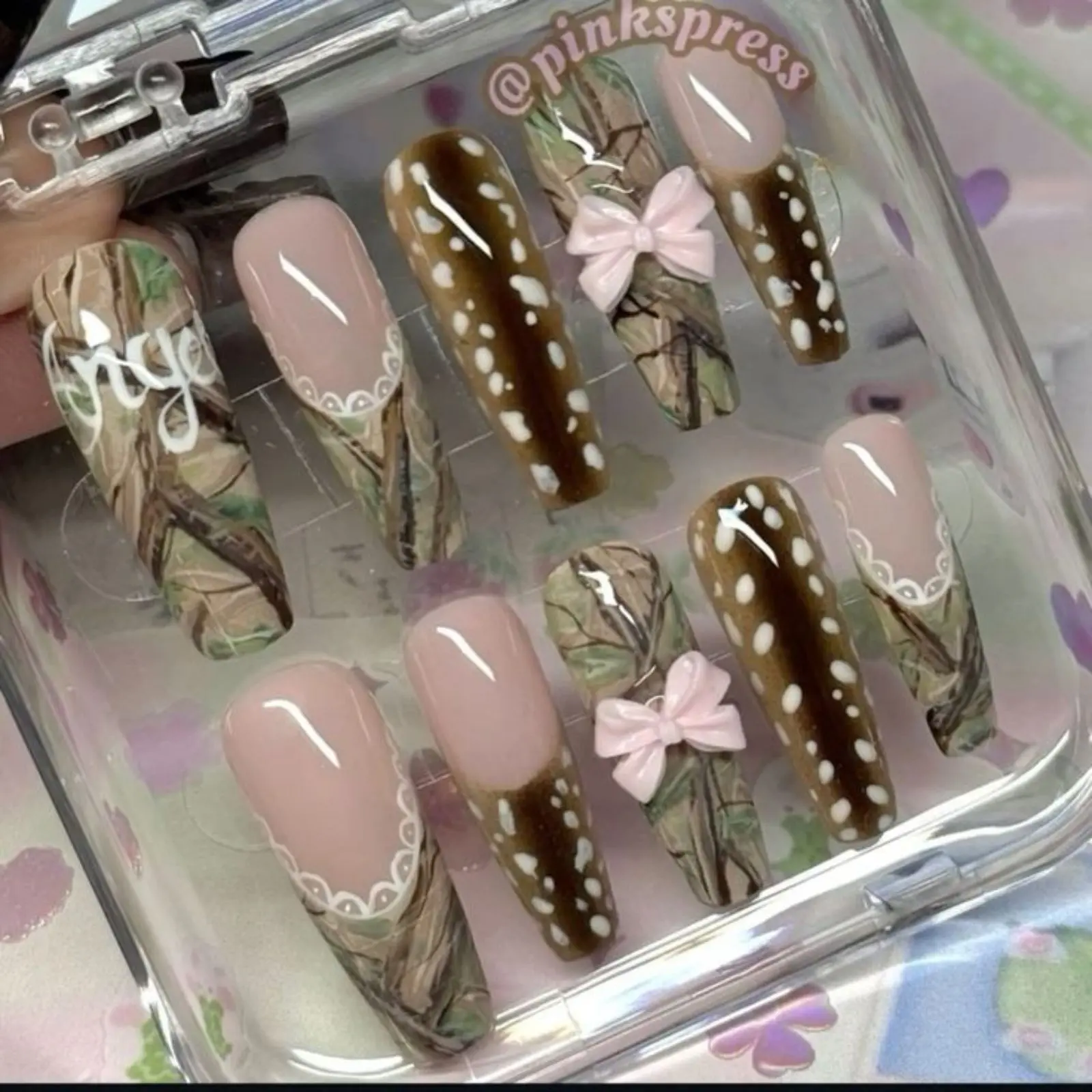 Pink Bow Woodland Camo Press On Nails, Fawn Print Camo Realtree Cute Country Girl Nail Art