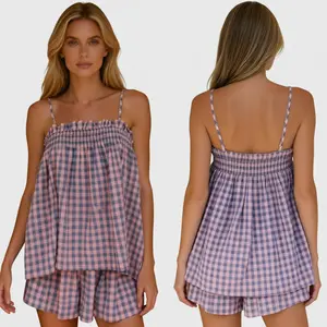 Women's Gingham Plaid Cami Pajama Set, Smocked Spaghetti Strap Camisole & Shorts Loungewear, Casual 2 Piece Sleepwear for Summer