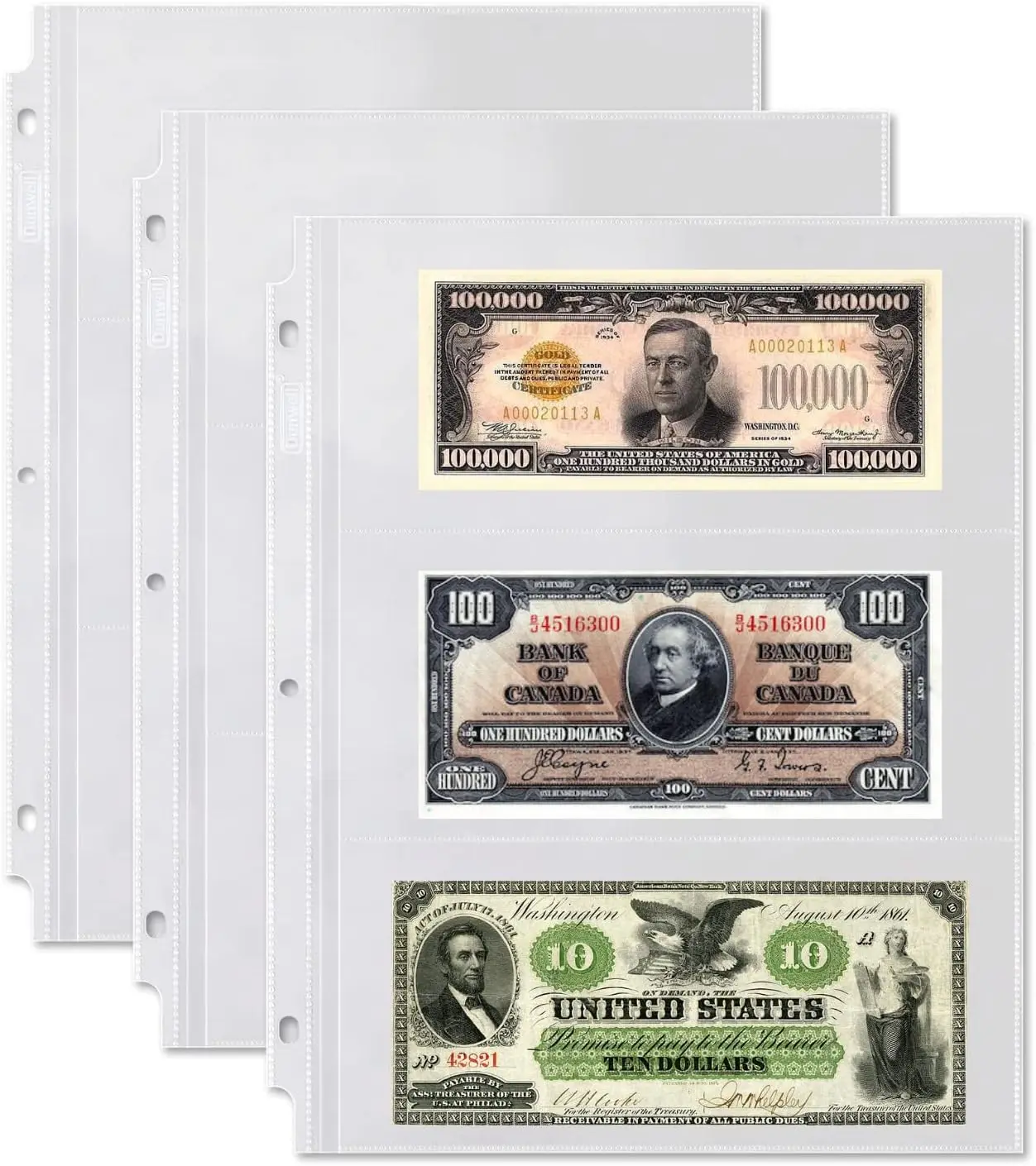 Binder Currency Sleeves for Collectors - (25 Pack), Acid-Free 3-Pocket Clear Plastic Refill Pages for Currency Collection Album, 3-Ring Binder Sheet Protectors for Bills, Banknotes or Coupons