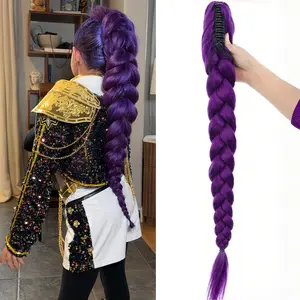 Purple Twisted Braid Ponytail Wig, Featuring a Clip-on Design, Can Be Quickly Attached to Your Own Hair to Create a Unique Braided Hairstyle. Purple Twisted Braid Ponytail Wig, Featuring a Clip-on Design, Can Be Quickly Attached to Your Own Hair