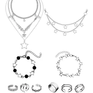 12 Pcs Y2k Accessories Set Grunge Layered Necklace, 3 Star Chains with 6 Rings Vintage Silver Jewelry for Women