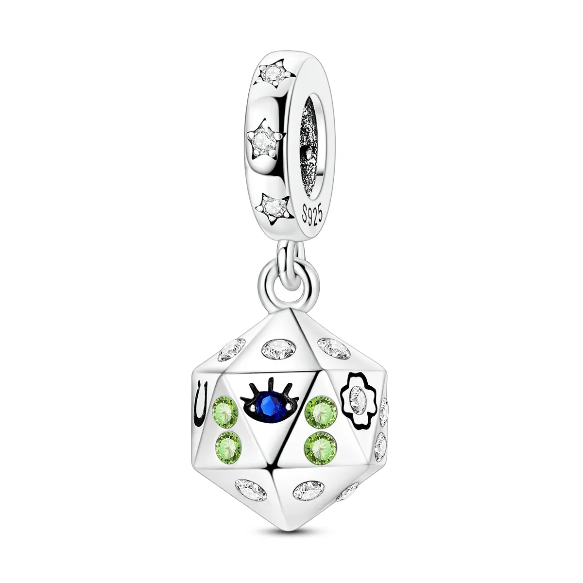 MULA 925 Silver-Plated Lucky Dice Charm with Cubic Zirconia Shamrock Motifs, Basic Collectibles Bead for Youth Girls, Compatible with Pandora Bracelets, Girl, Auspicious, Lucky Energy