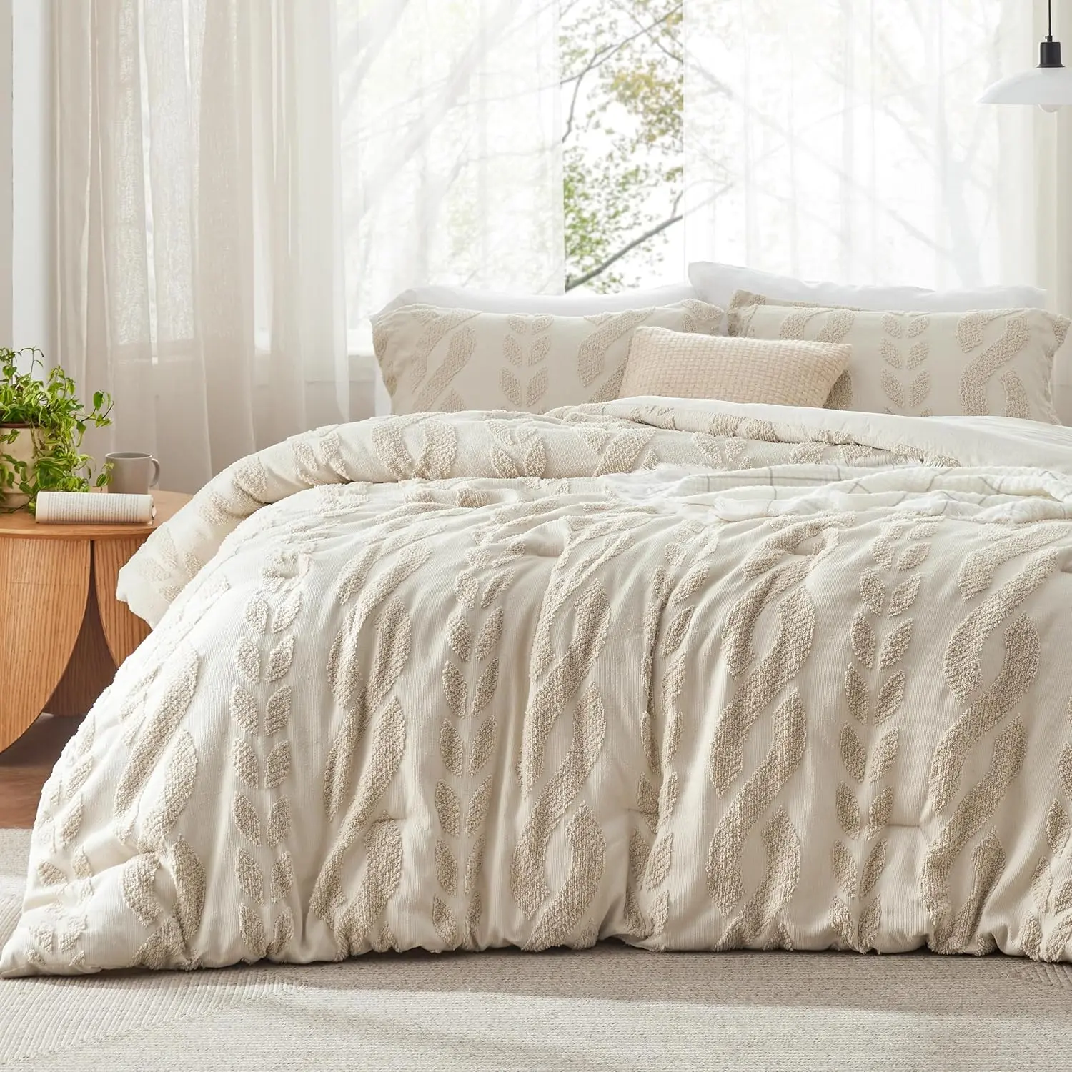 Queen Size Comfortable Beige, Boho Tufted Comfortable, Farmhouse Jacquard Cable Knit Pattern Bed, 3, 1 Shabby Fluffy Comfortable  2 Pillow Shams