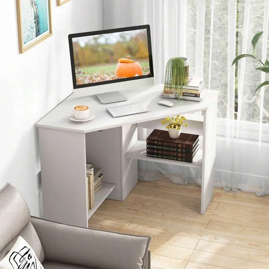 Corner Computer Desk Triangle Writing Workstation With Storage Shelf For Small Spaces Home Office Study Room Saving Space Desk For Laptops Books And Office Supplies Sturdy And Easy To Assemble Desk Ideal For Students And Remote Workers Compact Design Fits