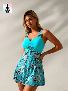 Floral Print Tummy Control Swimdress Two Piece Swimsuit Plus Size Tankini Set Polka Dot V Neck Skirted Swimsuit Modest Full Coverage Padded Push Up Bathing Suits Beach Holiday Vacation Essential Curvy Women Summer Getaway Resort Wear