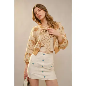 Western Motif Tie Front Cardigan: TAUPE