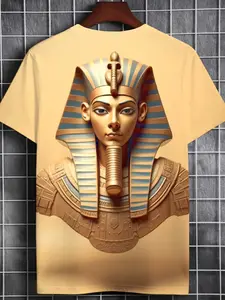 Ancient Egyptian Pharaoh 3D Printed T-Shirt, Breathable Retro Y2K Short Sleeve Round Neck, Tutankhamun Design, Casual Party Wear