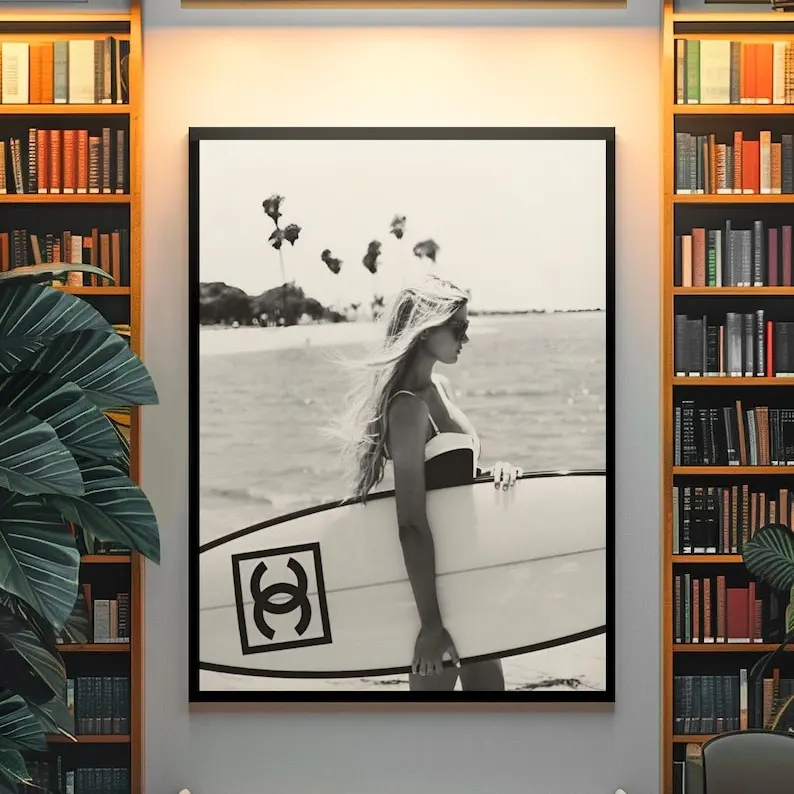 [Unframe Poster] Vintage Chanel Surfer Poster, Luxury Coastal Fashion Wall Decor, Iconic Double CC Ocean Print, Black & White Editorial Modern Wall Art