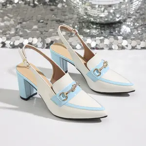 Women's Pointed Toe High Heeled Single Shoes with Chunky Heel Metal Chain Decoration Adjustable Back Strap Stylish Classy Blue Fashion Sandals for Outdoor Business Office Wear Elegant Party Footwear Buckle Design Wedge