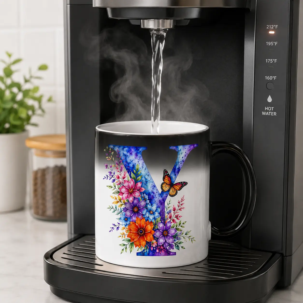 11oz A-Z Floral Initial Color Changing Mug, Butterfly Alphabet Magic Mug, Heat Sensitive Ceramic Coffee Cup, Choose Your Letter Birthday Gift for Women, Mom or Her