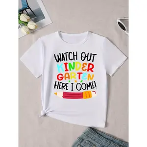"Watch Out Kindergarten Here I Come!" Graphic T-Shirt - Casual & Fun Back-to-School Tee with Pencil & Ruler Design, Soft & Comfortable Fabric, Perfect for Spring/Summer/Fall, Back to School Apparel |   Playful Graphic Tee |   Soft Fabric Tee (3-13Y)
