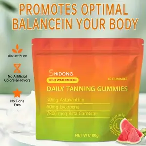 Shidong Daily Tanning Gummies Sour Watermelon Flavor 60 Gummies with 30mg Astaxanthin 60mg Lycopene 7800 mcg Beta Carotene for Natural Sun-Kissed Complexion Gluten-Free No Artificial Colors No Trans Fats