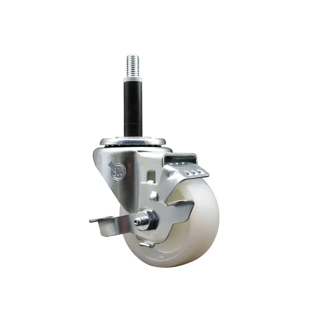 Service Caster Series #20 SCC-EX20S314-NYS-TLB-34 Nylon Expanding Stem Swivel Casters, 3 in. White Wheel, 0.75 in. Stem, Top Locking Brake, 300 lbs Capacity, Ideal for Shop Projects & Work