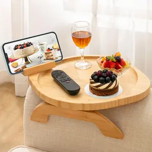 Couch Arm Tray Table, Bamboo Clip-on Couch Arm Tray with 360° Phone Holder, Foldable Sofa Armrest Table for Eating, Drink, Snacks, Coffee, TV, Remotes side small trinket shelf lap caddy rm coucha leg stand