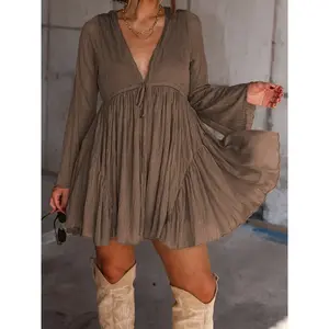 Women’s V-Neck Long-Sleeve Dress with Pants Lining, Vintage Elegant Casual Spring/Fall Mini Dress, Loose Fit Solid Color