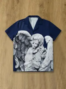 Men's Angel Print Short Sleeve Graphic Shirt, Regular Fit Casual Fashion Comfy Top for Summer, Men's Clothes for Daily Wear, Pajamas, Menswear, Navy Blue, Loungewear Pajamas