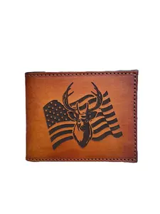 Buck Bifold Engraved Deer American Hunter Flag Design Handmade Leather Wallet Top Grain Veg Leather 6 Card Slots Bill Divider Personalized Gift USA Made
