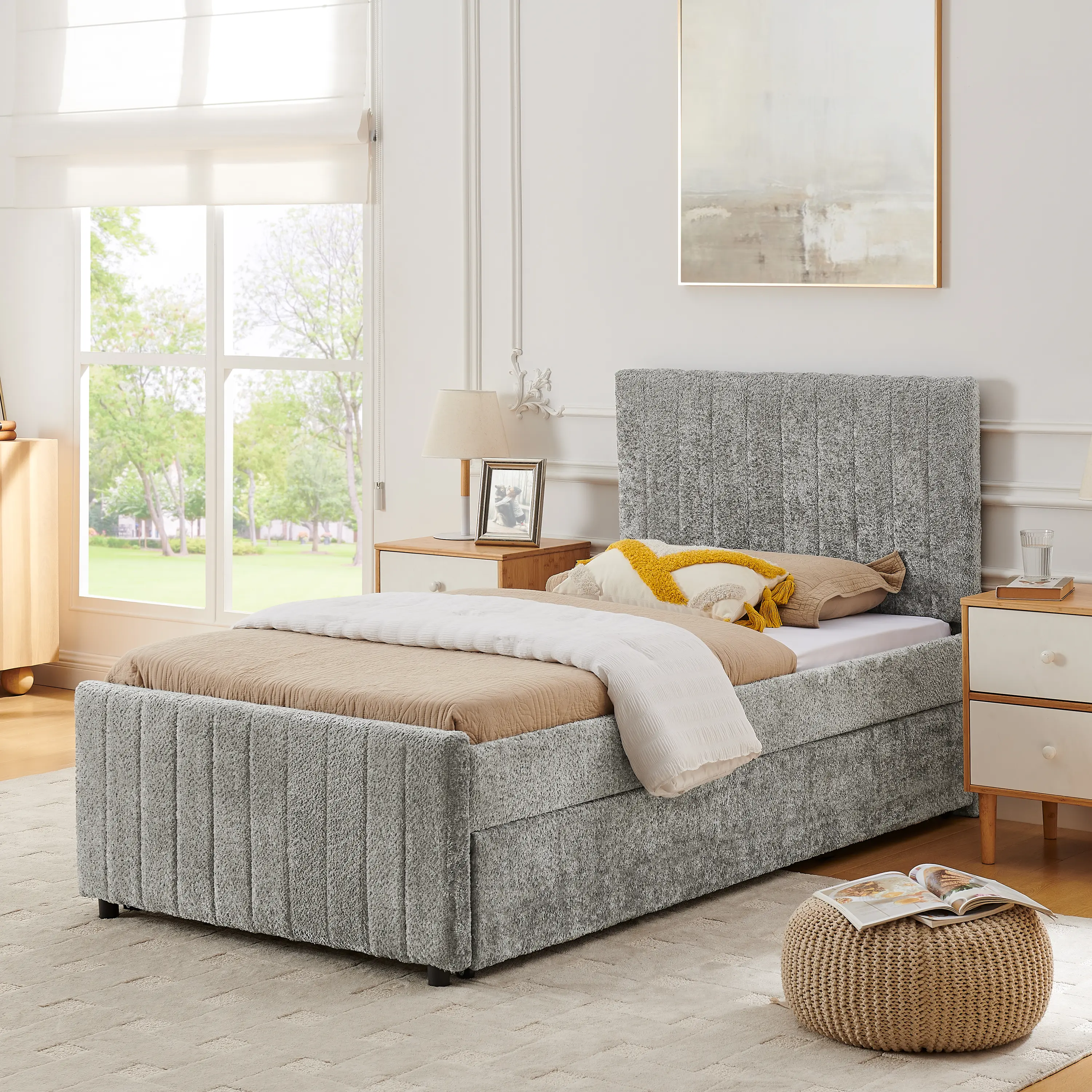 Upholstered Pull-Out Bed with Hidden Trundle, Twin Size, Vertical Striped Chenille, High Padded Back, Space-Saving Single-to-Double Guest Bed