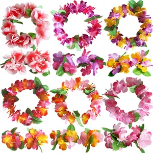 Hawaiian Flower Headband Wristbands Tropical Hawaii Luau Leaf Bracelets Hair Hoops Wreath Women Headpiece Hair Bands Summer Beach Vacation Party Decoration Cosplay Costume Hair Accessories 18 Pack