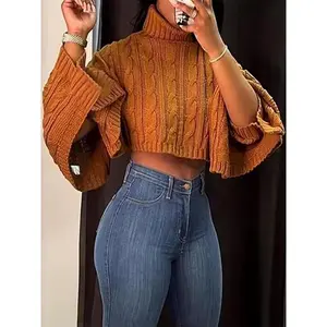 【Plus Size】 Solid Batwing Sleeve High Neck Sweater, Casual Long Sleeve Jumper for Fall & Winter, Women's Clothing for Daily Wear