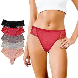 SNUG HAVEN Women's Seamless Flora Lace 5-Pack Low-Waist T-Back Thongs, Cotton, Soft Stretch, See-Through, No-Show Lingerie
