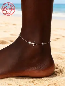 Women's S925 Silver Color Cross Anklet, Ankle Bracelet, Trendy Minimalist Design, Fashionable Holiday Accessory, High-End Festival Wear