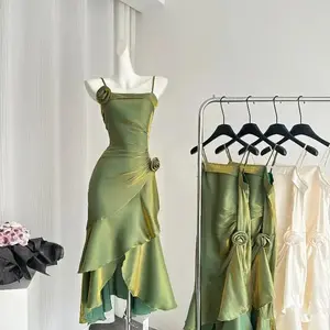 2025 Summer Women French Vintage Dress Spaghetti Strap Frocks One-Piece Evening Party Shoujo Gyaru Wedding Prom Gown Robe New Formal Womenswear Chiffon Cocktail