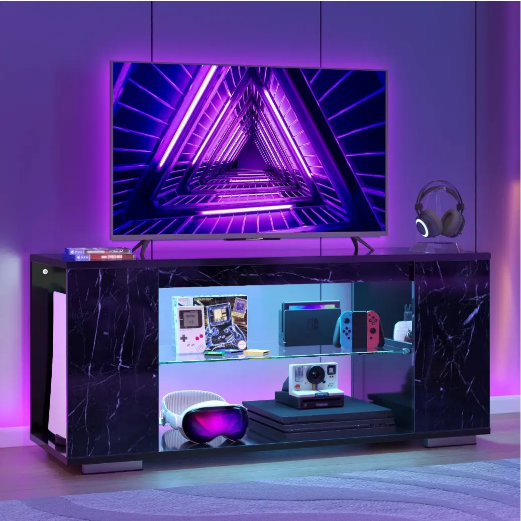 Marble TV Stand for TVs up to 55",LED Gaming Entertainment Center with Side Bookshelf, Marble Black