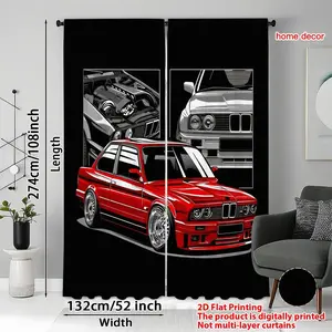 2-Pack Classic Car Pattern Curtains, Cool Mechanical Style Polyester Digital Print, Light Blocking Drapes for Boy's RV Garage Man Cave