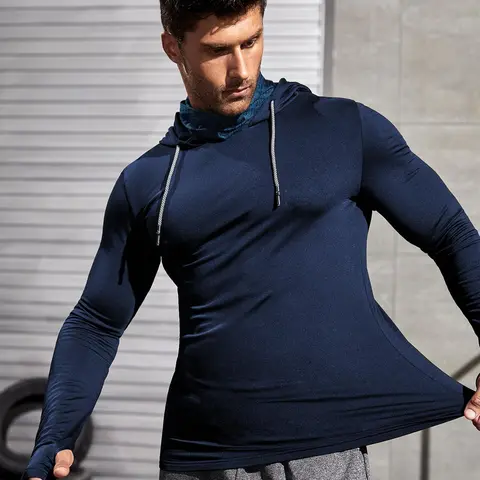 Men's Slim-Fit Hooded Athletic Top with Thumb Holes, Letter Print Long Sleeve Rashguard for Spring & Fall, Drawstring Hoodie for Gym, Workout & Daily Wear, Casual Workout Tops, Athletic Training Tops, Athletic Training Apparel
