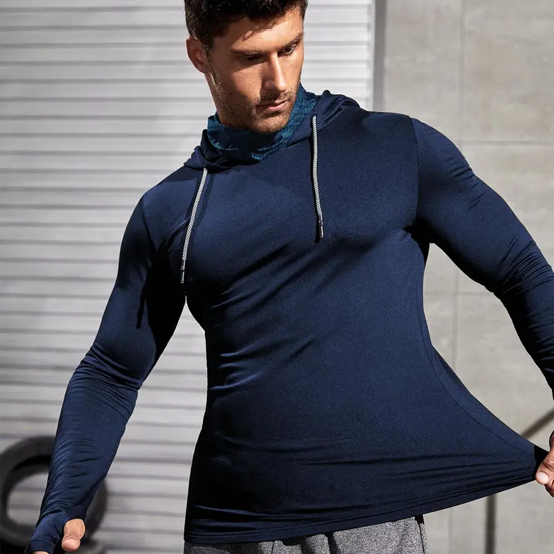 Men's Slim-Fit Hooded Athletic Top with Thumb Holes, Letter Print Long Sleeve Rashguard for Spring & Fall, Drawstring Hoodie for Gym, Workout & Daily Wear, Casual Workout Tops, Athletic Training Tops, Athletic Training Apparel